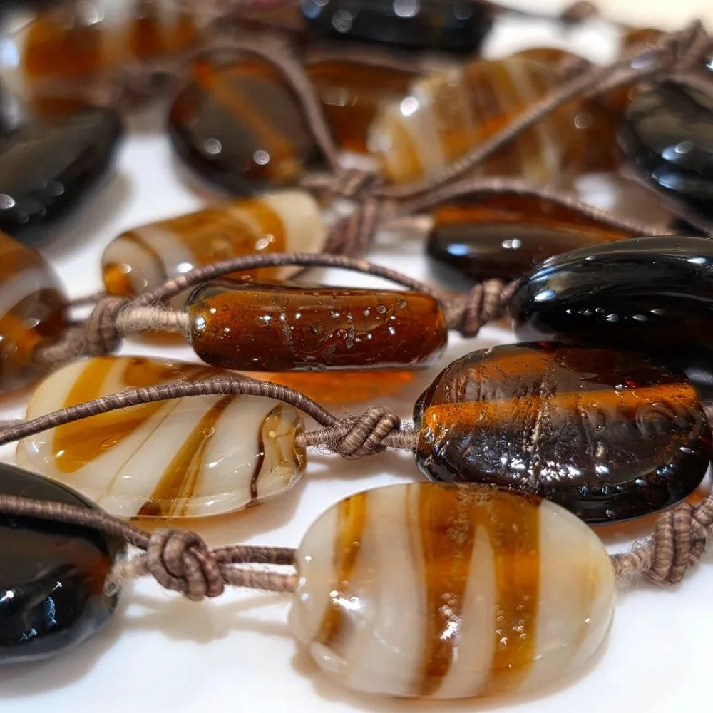 Artisan BOHO Earth Colors Rootbeer Brown Stripe Amber Art Glass Long Necklace